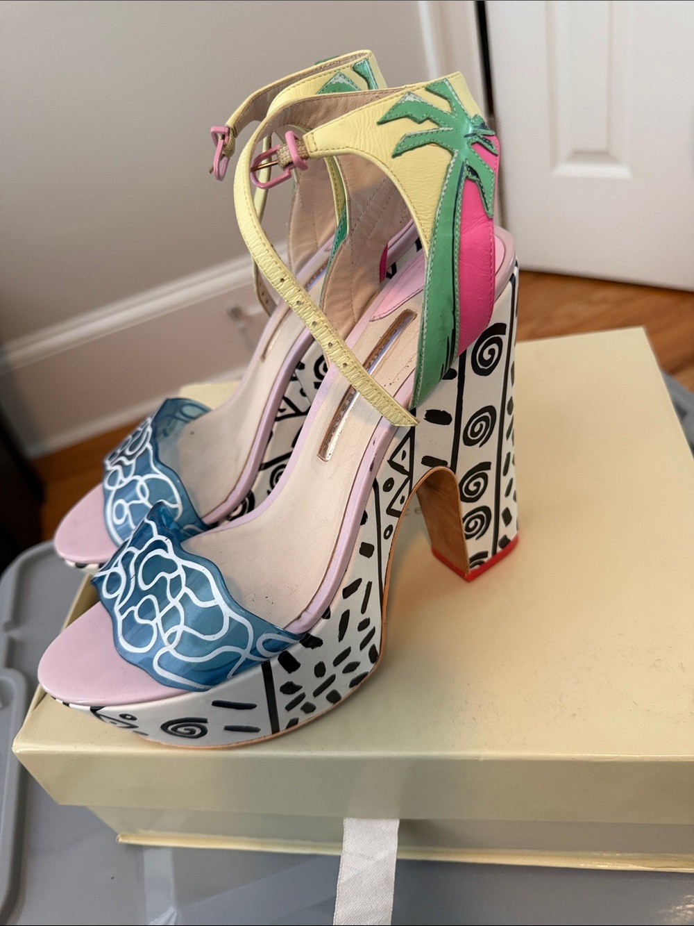 Sophia Webster Multicolor Palm-Accent Platform Sandals in Blue, Pink & Yellow